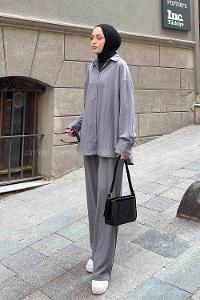 Gray Shirt Collar Long Arm Cotton Poplin Fabric Regular Trousers Comfortable Suit
