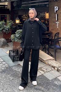 Black Shirt Collar Long Arm Cotton Poplin Fabric Regular Trousers Comfortable Suit