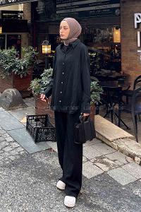 Black Shirt Collar Long Arm Cotton Poplin Fabric Regular Trousers Comfortable Suit