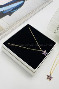 Lamelif Gold Kristal Taşlı Mor Çiçek Zirkon Kolye