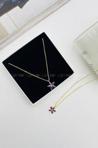 Lamelif Gold Kristal Taşlı Mor Çiçek Zirkon Kolye