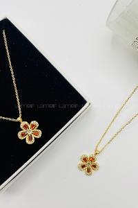 Lamelif Gold Orange Zirkon Taşlı Çiçek Kolye