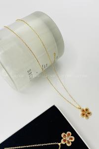 Lamelif Gold Orange Zirkon Taşlı Çiçek Kolye
