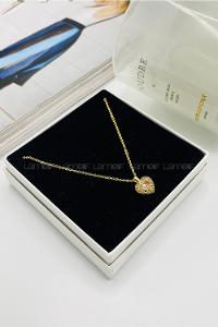 Lamelif Gold Pembe Kristal Taşlı Kalp Zirkon Kolye