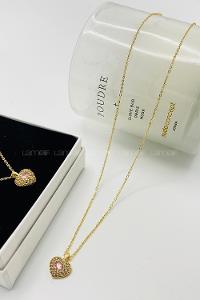 Lamelif Gold Pembe Kristal Taşlı Kalp Zirkon Kolye