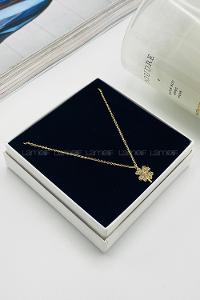 Lamelif Gold Yonca Zirkon Taşlı Kolye