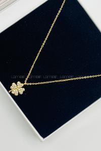 Lamelif Gold Yonca Zirkon Taşlı Kolye
