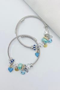 Lamelif Gümüş Mavi Mini Kedi Charmlı Pandora Bileklik