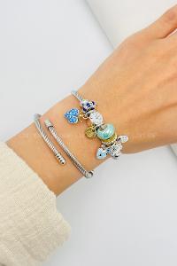 Lamelif Gümüş Mavi Mini Kedi Charmlı Pandora Bileklik