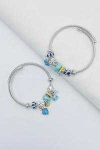 Lamelif Gümüş Mavi Mini Kedi Charmlı Pandora Bileklik