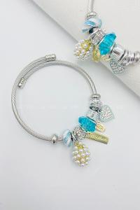 Lamelif Gümüş Mavi Taşlı Kalp Charmlı Pandora Bileklik