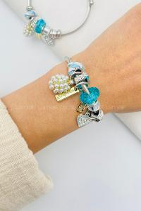 Lamelif Gümüş Mavi Taşlı Kalp Charmlı Pandora Bileklik