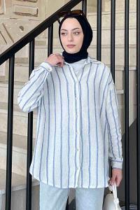 Lamelif Kalın Çizgi Detaylı Gömlek Mavi