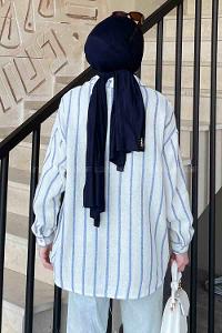 Lamelif Kalın Çizgi Detaylı Gömlek Mavi