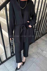 Black V Neck Long Arm Belted Poplin Fabric Lycra Regular Trousers Linen Suit