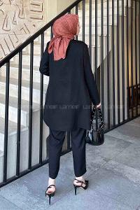 Black V Neck Long Arm Belted Poplin Fabric Lycra Regular Trousers Linen Suit