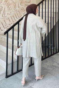 Sand Beige Scarf Neck Long Arm Without Accessories Linen Regular Trousers Comfortable Suit