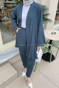 Petrol Blue Scarf Neck Long Arm Without Accessories Linen Regular Trousers Comfortable Suit