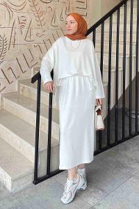 Lamelif Kristal Etekli Tesettür Takım Beyaz