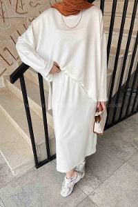 Lamelif Kristal Etekli Tesettür Takım Beyaz