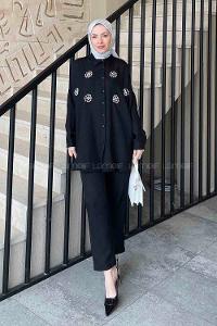 Lamelif Önü Taşlı Keten Takım Siyah