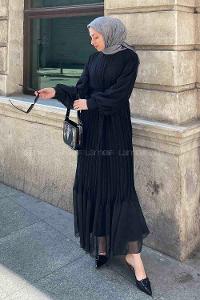 Black Mandarin Collar Cotton Unprinted Dresess