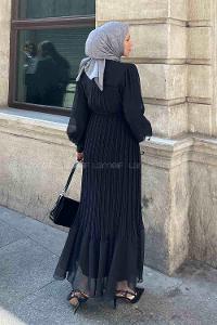 Black Mandarin Collar Cotton Unprinted Dresess