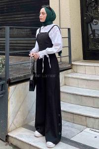 Lamelif  Paça Düğme Detaylı Keten Salopet Siyah