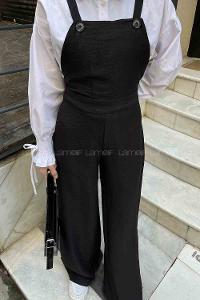 Lamelif  Paça Düğme Detaylı Keten Salopet Siyah