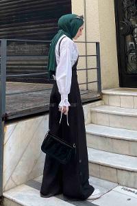 Lamelif  Paça Düğme Detaylı Keten Salopet Siyah