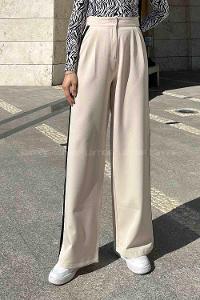 Lamelif Şerit Detaylı Palazzo Pantolon Bej
