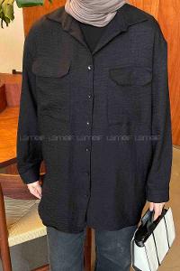 Lamelif Çift Cep Detaylı Ayrobin Gömlek Siyah