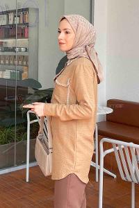 Lamelif Çoban Dikişli Keten Gömlek Sütlü Kahve