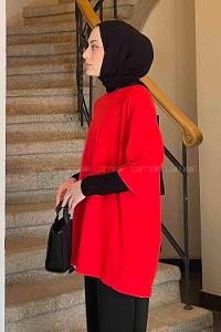 Red Loose Crew Neck Short Arm Cotton Fabric T-shirt