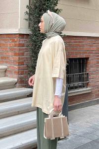 Cream Loose Crew Neck Short Arm Cotton Fabric T-shirt