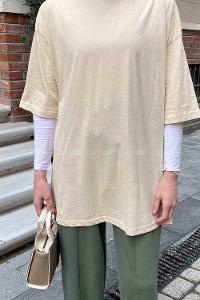 Cream Loose Crew Neck Short Arm Cotton Fabric T-shirt