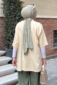 Cream Loose Crew Neck Short Arm Cotton Fabric T-shirt