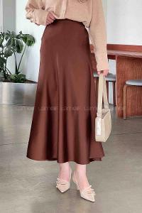 Lamelif Premium Düz Saten Çan Etek Acı Kahve