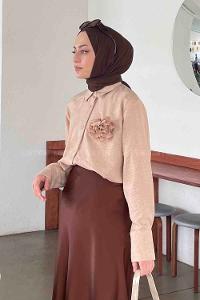 Lamelif Gül Broş Detaylı Keten Gömlek Sütlü Kahve