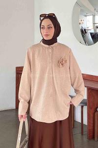 Lamelif Gül Broş Detaylı Keten Gömlek Sütlü Kahve