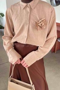 Lamelif Gül Broş Detaylı Keten Gömlek Sütlü Kahve