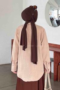 Lamelif Gül Broş Detaylı Keten Gömlek Sütlü Kahve