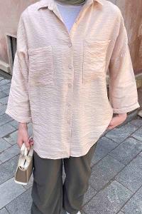 Lamelif Önü Cep Detaylı Duble Kol Kraş Gömlek Bej