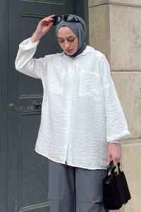 Lamelif Önü Cep Detaylı Duble Kol Kraş Gömlek Ekru