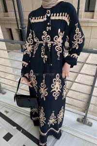 Lamelif Yaka Düğme Detaylı Desenli Elbise Siyah