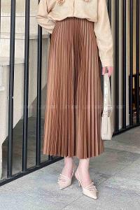 Lamelif Beli Elastik Detaylı Pliseli Etek Camel