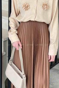 Lamelif Beli Elastik Detaylı Pliseli Etek Camel