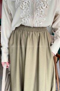 Lamelif Cep Detaylı Tensel Kloş Etek Asker Yeşili