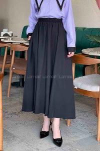 Lamelif Cep Detaylı Tensel Kloş Etek Siyah