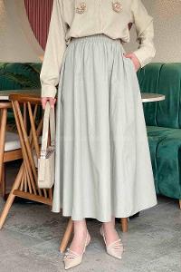 Lamelif Cep Detaylı Kloş Keten Etek Mint Yeşili